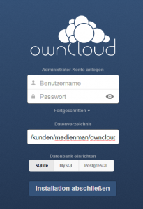 Installationsbildschirm von Owncloud