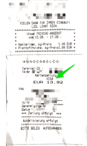 Beispiel für einen Beleg. Die Smartphonebezahlung wird als VISA-Bezahlung gekennzeichnet.