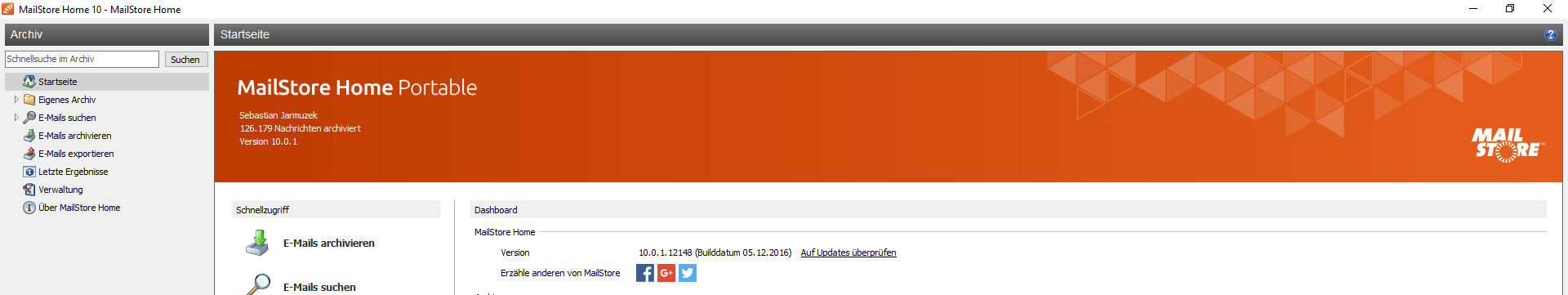 Mailstore-Home nach dem Start.