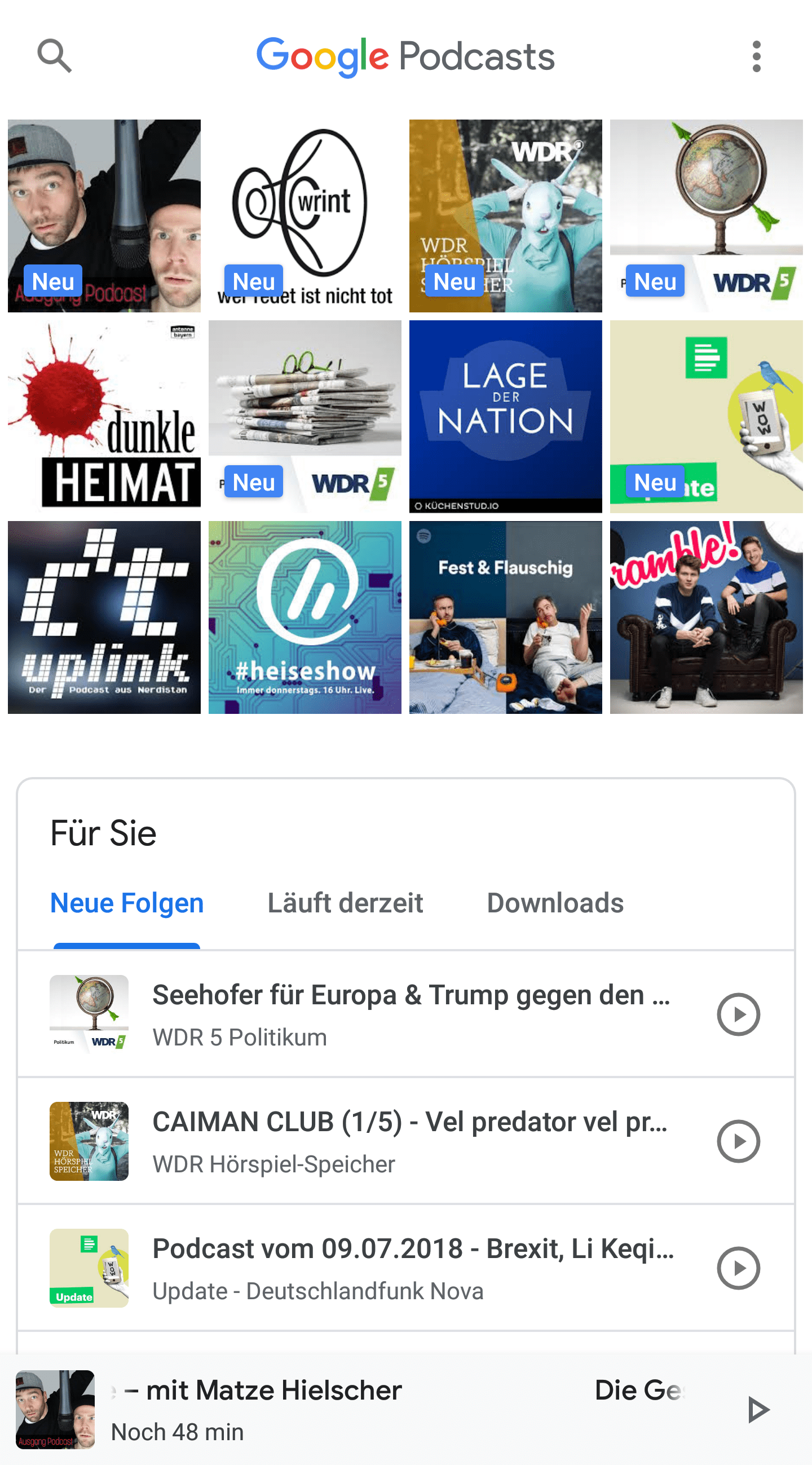 Startbildschirm Google Podcast App