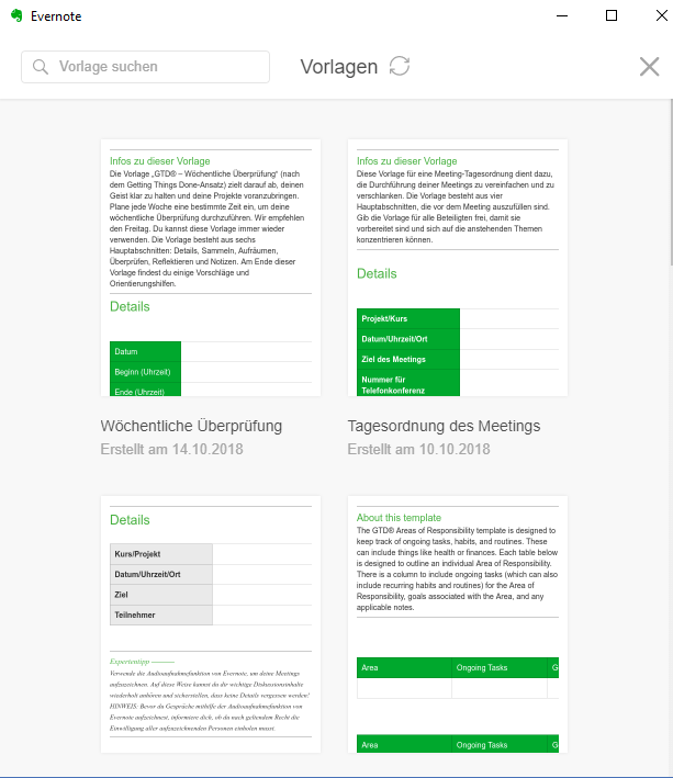 Übersicht der Evernote-Vorlagen
