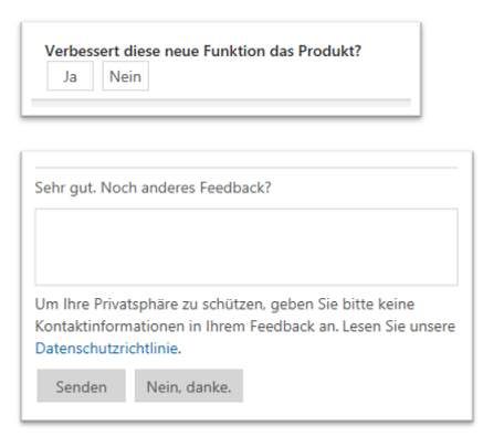 2 Screenshots der Office-Feedback-Funktion. Der obere Screenshot zeigt die Frage, ob das Feature das Produkt verbessert. Der untere Screenshot zeigt das Eingabefeld zur Übermittlung von weiterem Feedaback.