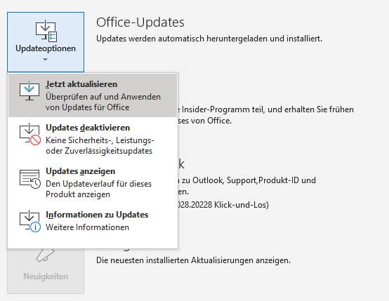 Ein Screenshot aus den Office-Konto-Informationen von Outlook. Es zeigt die Office-Update-Optionen mit den Auswahlmöglichkeiten: "Jetzt aktualisieren", "Updates deaktivieren", "Updates anzeigen" und "Informationen zu Updates"