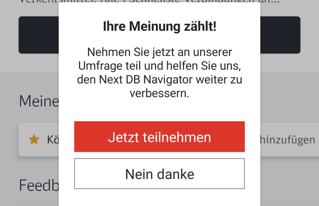Der Next DB Navigator fragt nach Feedback und wünschen zur Benutzung der App.
